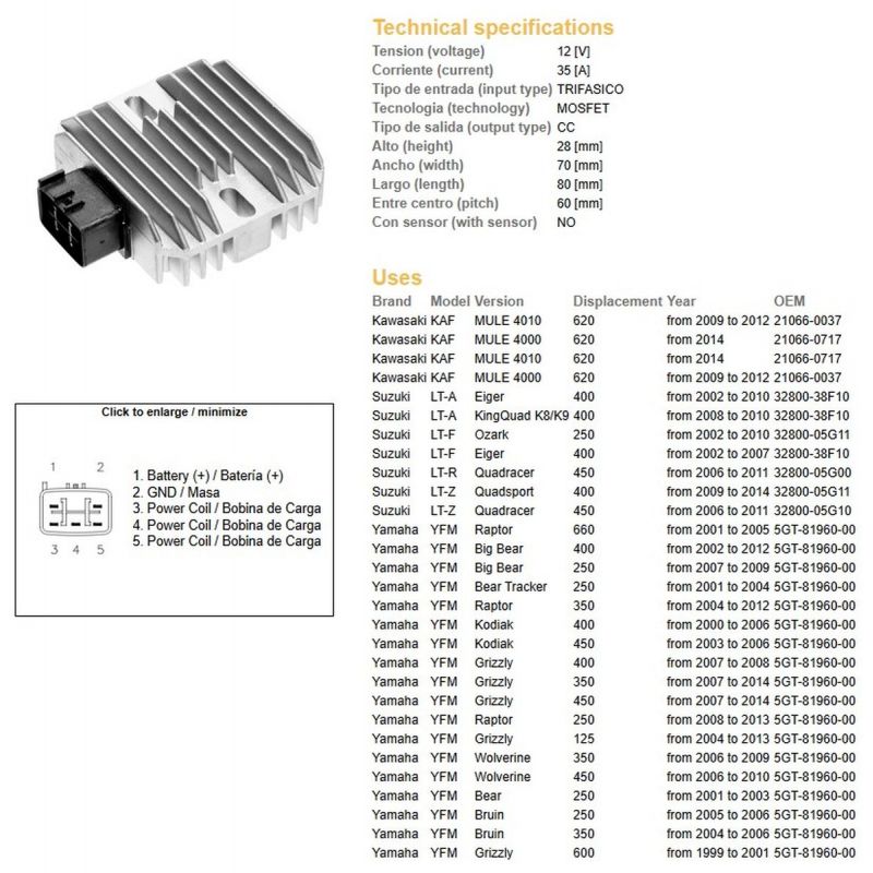 DZE REGULATOR NAPIĘCIA YAMAHA YFM 125/250/350/400/450/600/660 (RAPROR