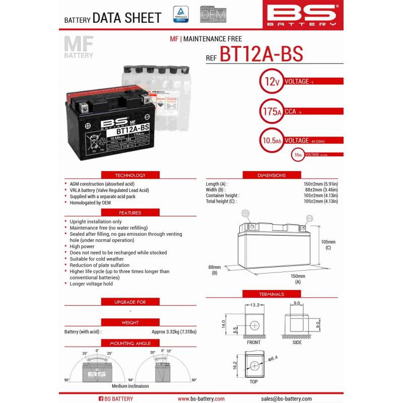 BS AKUMULATOR BT12A-BS (YT12A-BS) 152X88X106 12V 10AH BEZOBSŁUGOWY - 