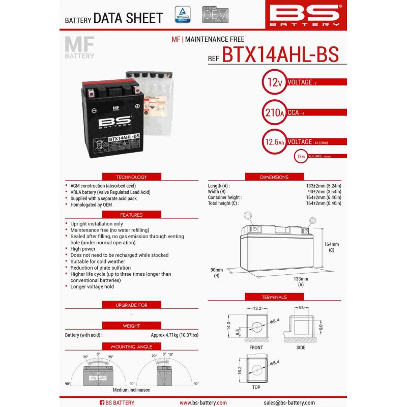 BS AKUMULATOR BTX14AHL-BS (YTX14AHL-BS) (133X90X164) 12V 12AH BEZOBSŁ