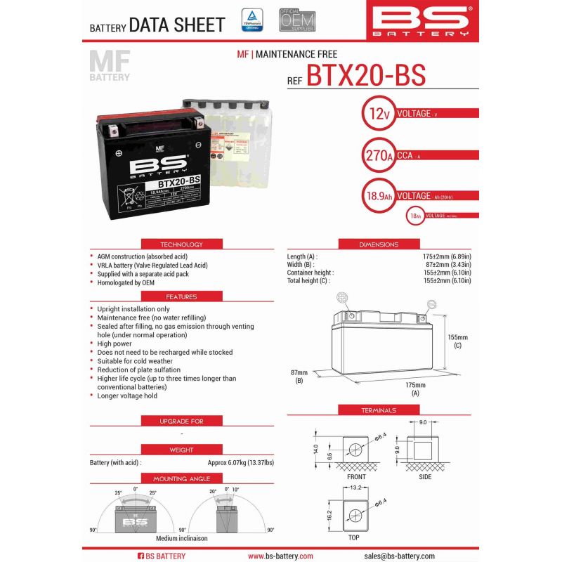 BS AKUMULATOR BTX20-BS (YTX20-BS) 175X87X155 BEZOBSŁUGOWY - ELEKTROLI