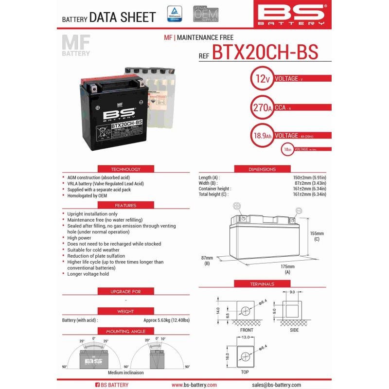 BS AKUMULATOR BTX20CH-BS (YTX20CH-BS, YTX20A-BS) 12V 18AH 150X87X161 B