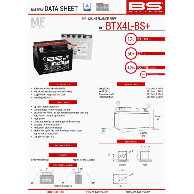 BS AKUMULATOR BTX4L-BS+ (YTX4L-BS) 12V 4AH 113X70X85 BEZOBSŁUGOWY - E