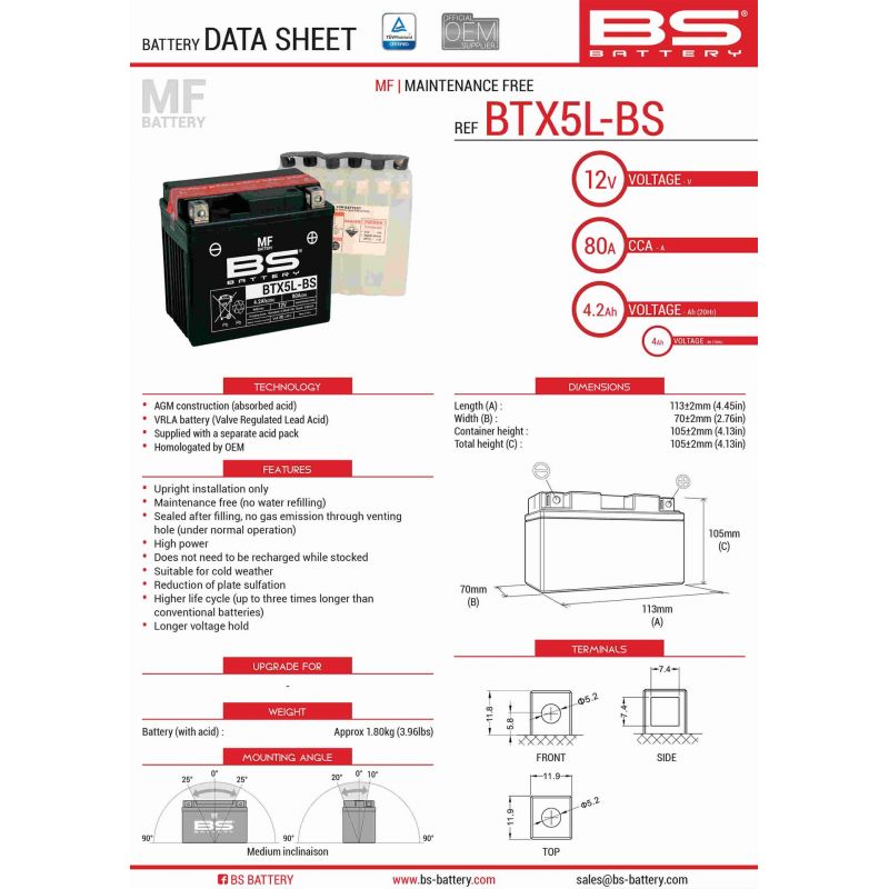 BS AKUMULATOR BTX5L-BS (YTX5L-BS) 12V 4AH 114X71X106 BEZOBSŁUGOWY - E