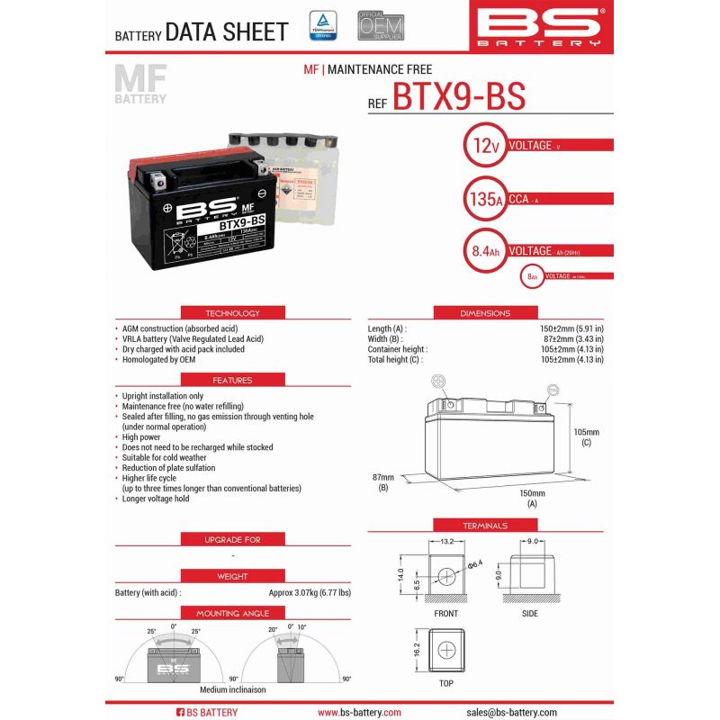 BS AKUMULATOR BTX9-BS (YTX9-BS) 152X88X106 12V 8AH BEZOBSŁUGOWY - ELE