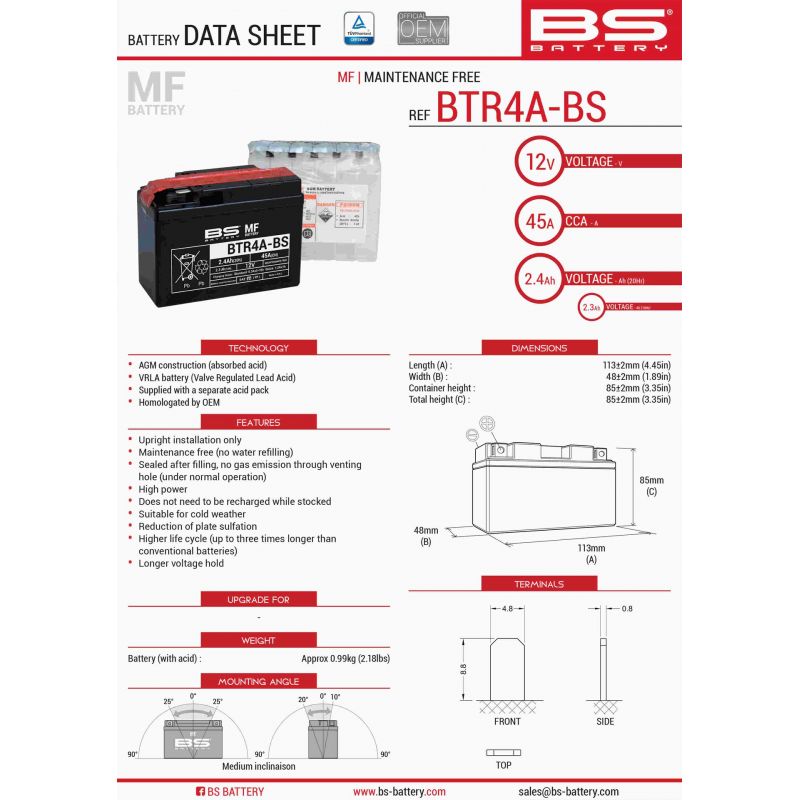 BS AKUMULATOR BTR4A-BS (YTR4A-BS) 12V 2,3AH 113X38X85 BEZOBSŁUGOWY - 