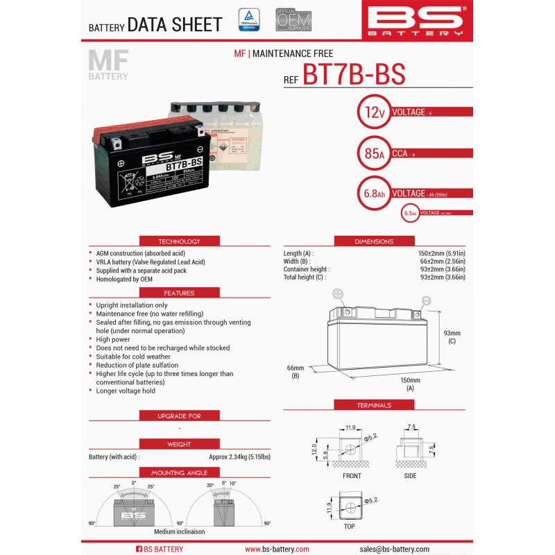BS AKUMULATOR BT7B-BS (YT7B-BS) 12V 6,5AH 150X65X93 BEZOBSŁUGOWY - EL