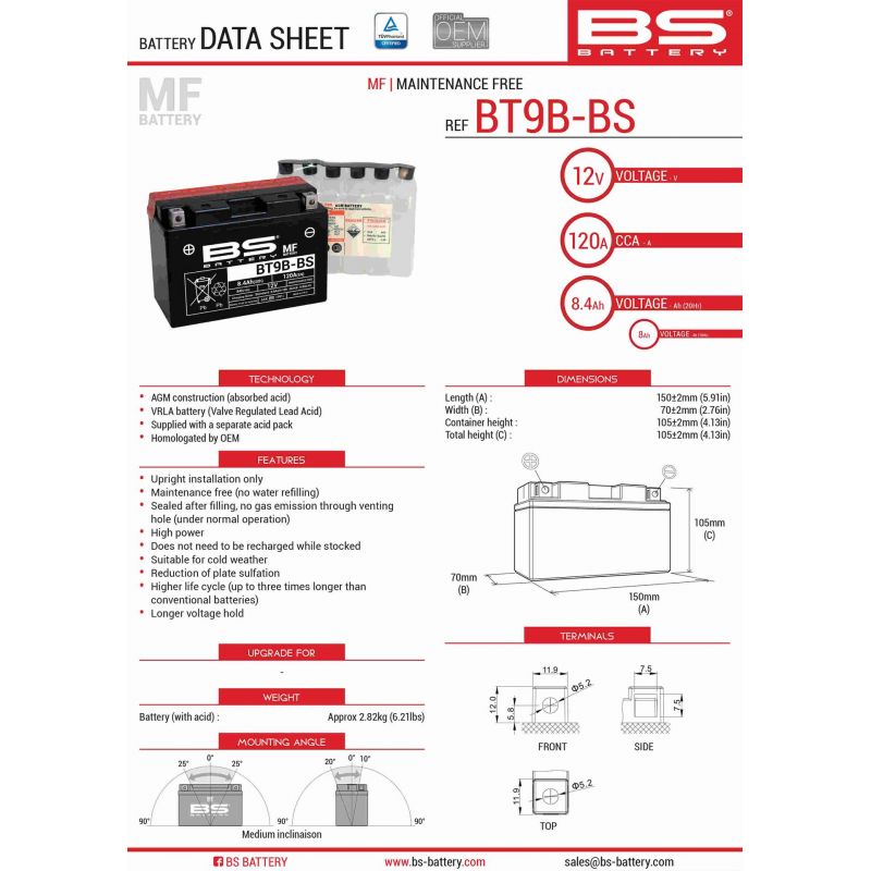 BS AKUMULATOR BT9B-BS (YT9B-BS) 12V 8AH 150X70X105 BEZOBSŁUGOWY - ELE