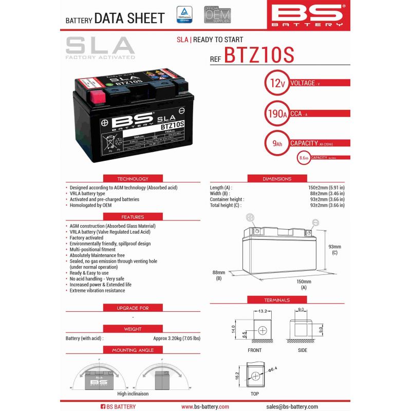 BS AKUMULATOR BTZ10S (FA) (YTZ10S)12V 8,6AH 150X86X95 BEZOBSŁUGOWY - 