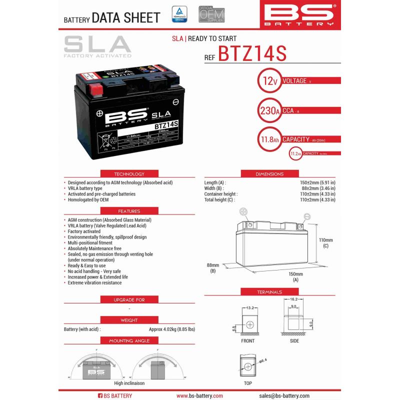 BS AKUMULATOR BTZ14S (FA) (YTZ14S) 12V 11,2AH 150X86X110 BEZOBSŁUGOWY