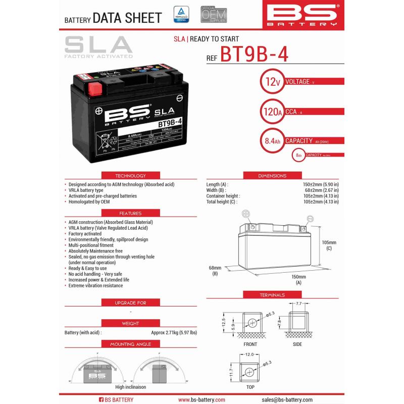 BS AKUMULATOR BT9B-4 (FA) (YT9B-4) 12V 8AH 150X69X105 BEZOBSŁUGOWY - 