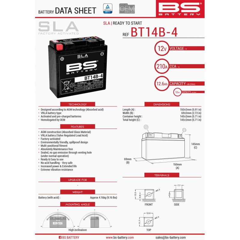 BS AKUMULATOR BT14B-4 (FA) (YT14B4) 12V 12AH 150X69X145 BEZOBSŁUGOWY 