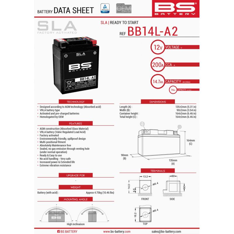BS AKUMULATOR BB14L-A2 (FA) (YB14L-A2,YB14L-B2) 12V 14AH 135X91X167 BE