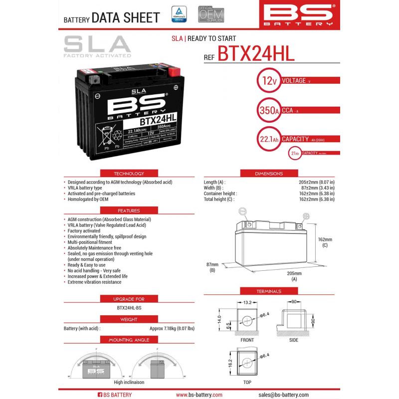 BS AKUMULATOR BTX24HL (FA) (YTX24HL-BS) 12V 21AH 205X87X162 BEZOBSŁUG