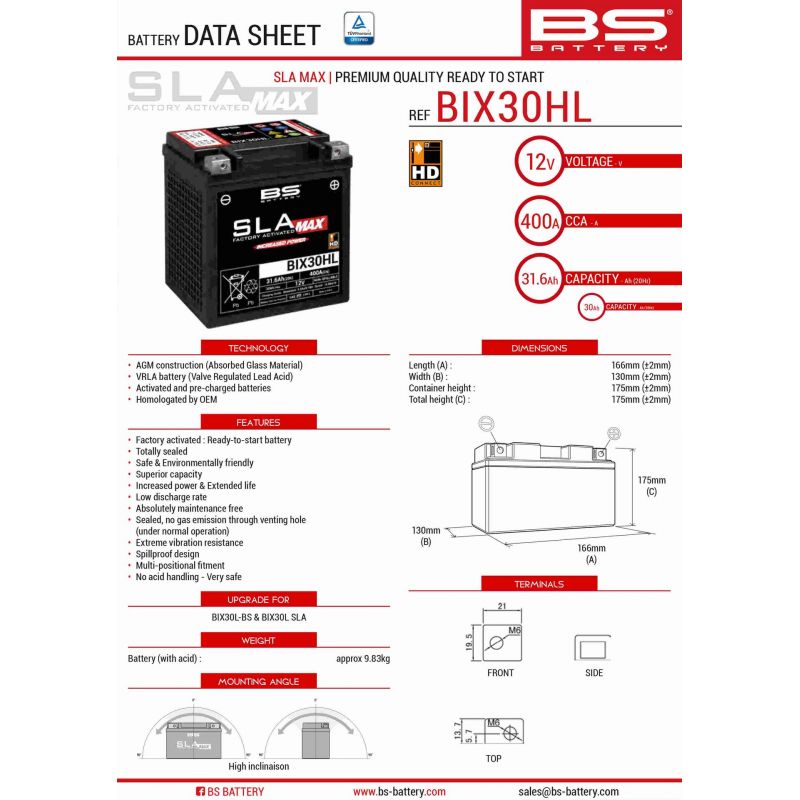 BS AKUMULATOR BIX30HL MAX (FA) (YTX30L) 12V 30AH 166X130X175 BEZOBSŁU