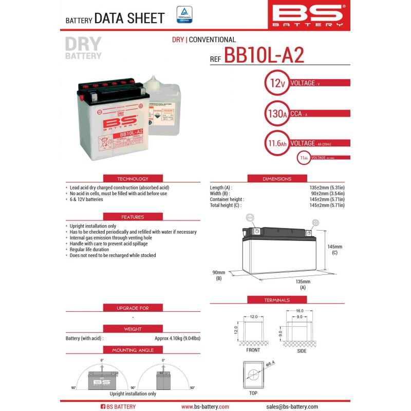 BS AKUMULATOR BB10L-A2 (YB10L-A2) 12V 11AH 136X91X146 OBSŁUGOWY - ELE