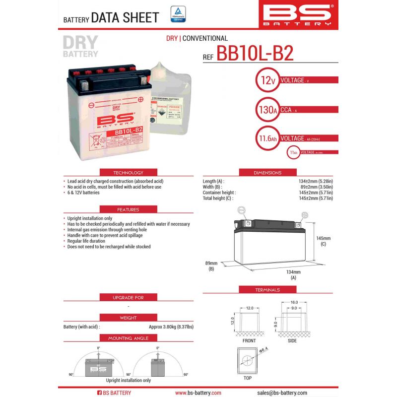 BS AKUMULATOR BB10L-B2 (YB10L-B2) 12V 11AH 134X89X145 OBSŁUGOWY - ELE