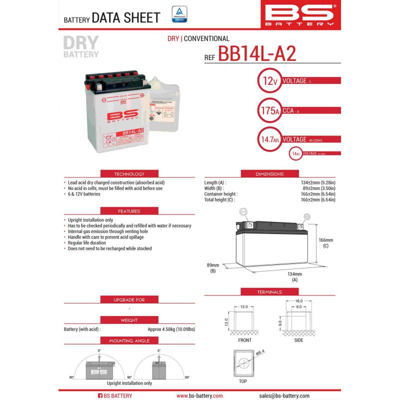 BS AKUMULATOR BB14L-A2 (YB14L-A2) 12V 14AH 135X91X167 OBSŁUGOWY - ELE