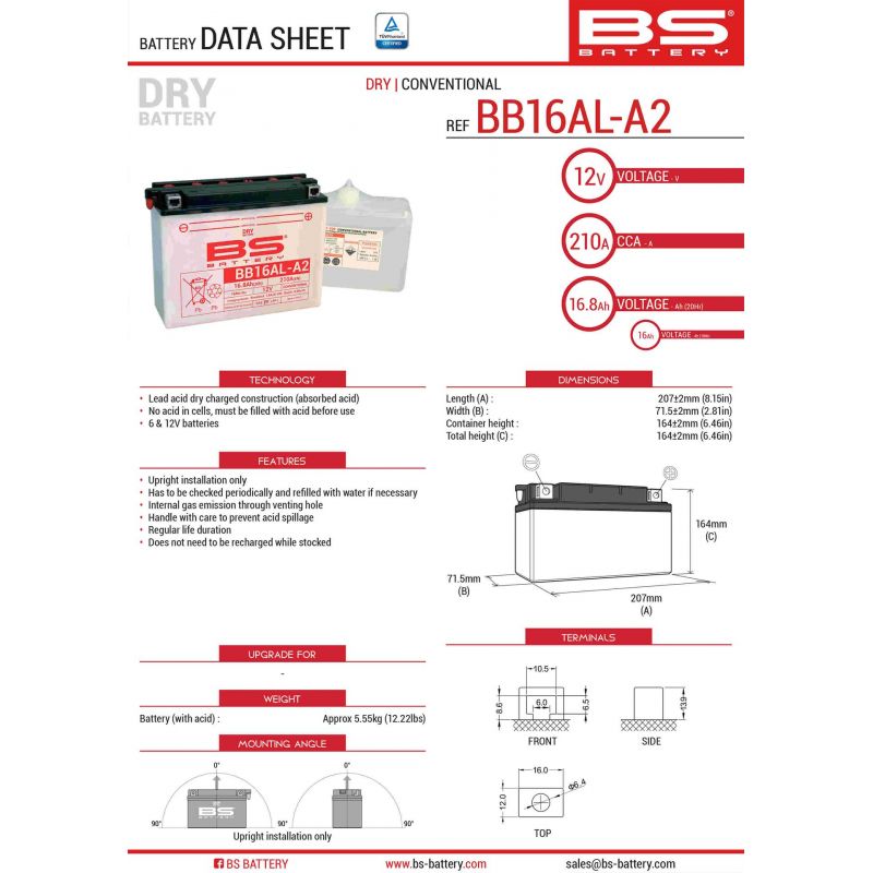 BS AKUMULATOR BB16AL-A2 (YB16ALA2) 12V 16AH 205X71X164 OBSŁUGOWY - EL