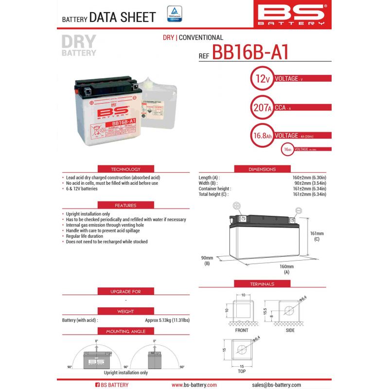 BS AKUMULATOR BB16B-A1 (YB16B-A1) 12V 16AH 160X90X161 OBSŁUGOWY - ELE