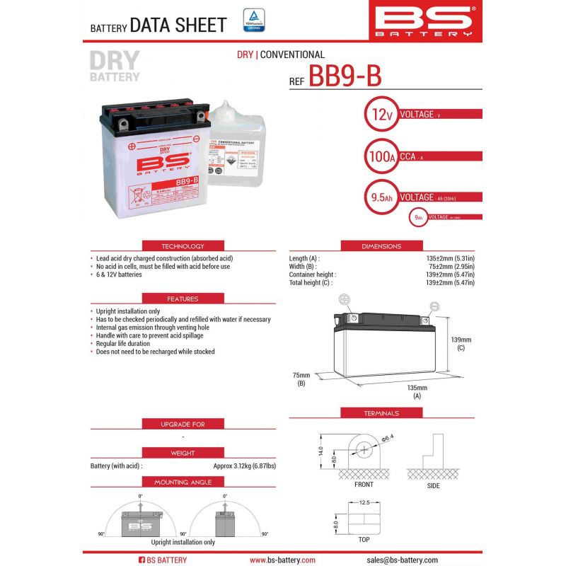 BS AKUMULATOR BB9-B (YB9-B) (12N9-4B-1) 12V 9AH 135X75X139 OBSŁUGOWY 