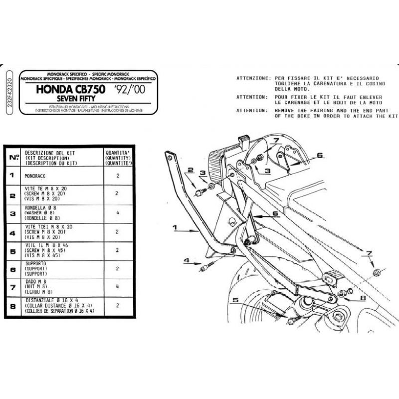 KAPPA STELAŻ KUFRA CENTRALNEGO HONDA CB 750 SEVEN FIFTY (92-00) ( BEZ