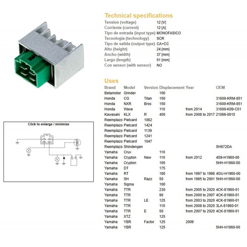 DZE REGULATOR NAPIĘCIA YAMAHA YBR 125 '09- TTR 50/90/110/125/230 '00-'20 KAWASAKI KLX 450F '08-'17 5HH-H1960-00 12A
