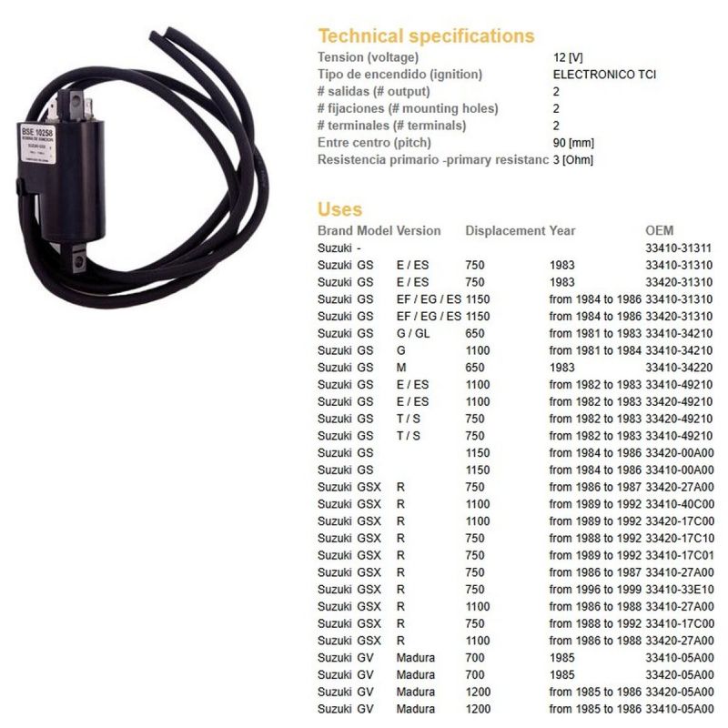 DZE CEWKA ZAPŁONOWA SUZUKI GS 650G/GL '81-'83 GS 750E/ES '82-'83 GS 1100E/ES '82-'83 GS 1150EF/EG/ES '84-'87 GSX 750R '86-'92 GS