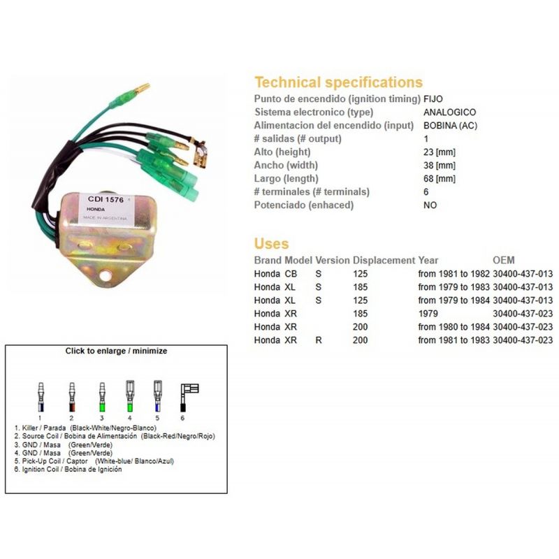 DZE MODUŁ ZAPŁONU CDI HONDA XL 125S '79-'84 CB 125S '81-'82 XL 185S '79-'83 XR 185 '79- XR 200R '80-'84 30400-437-013 30400-437-