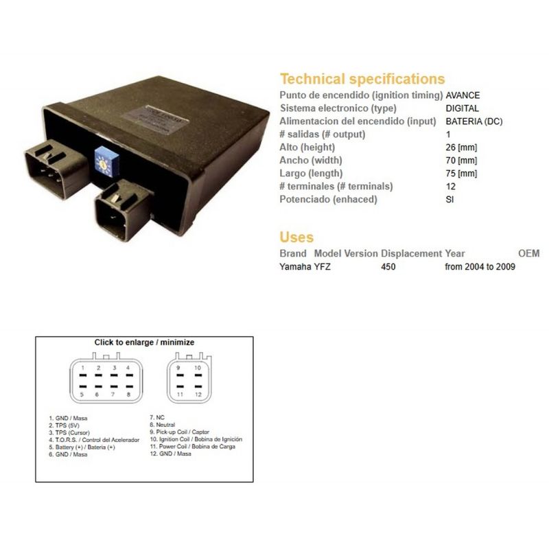 DZE MODUŁ ZAPŁONU CDI YAMAHA YFZ 450 '04-'09 TUNINNG Z MOŻLIWOŚCIĄ ZMIANY MAP ZAPŁONO OD 1-12