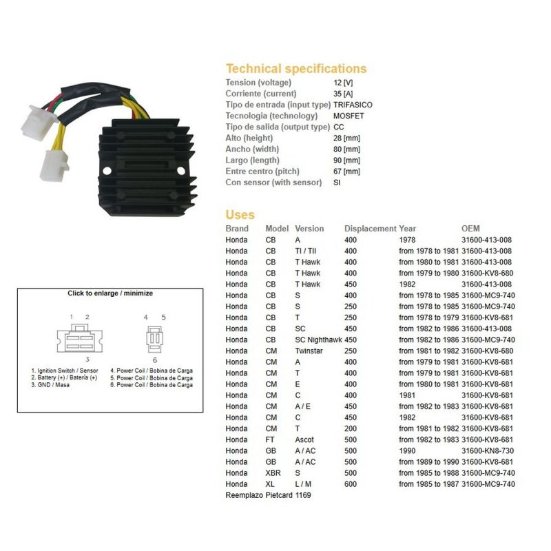 DZE REGULATOR NAPIĘCIA HONDA CB 250/400/450 CX 500 GL500 XL600/LM XBR 500 31600-413-008, 31600-MC9-740 35A ESR180