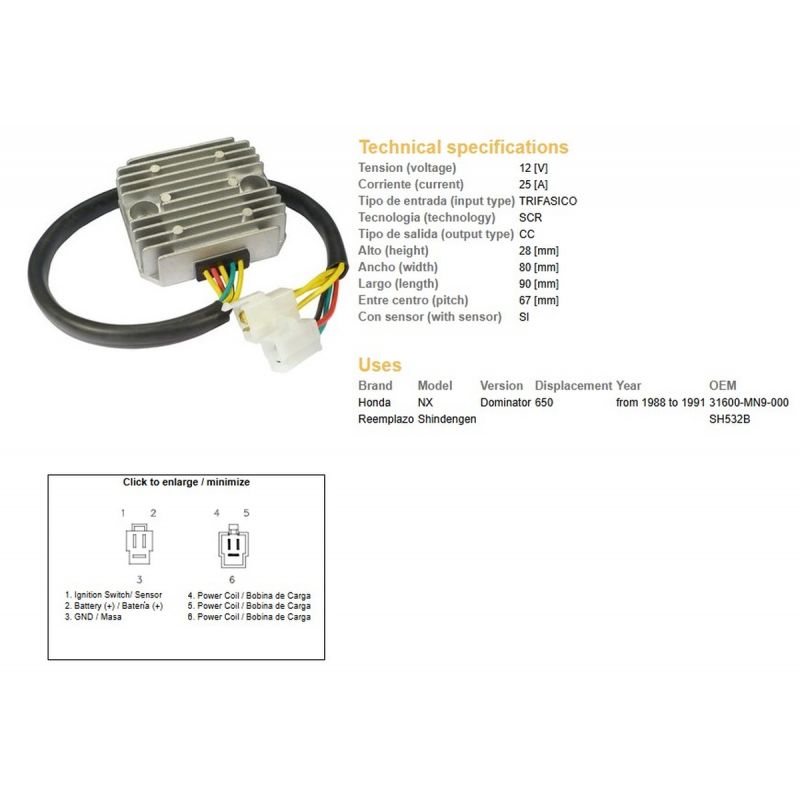 DZE REGULATOR NAPIĘCIA HONDA NX 650 DOMINATOR '88-'91 SH532B 31600-MN9-000