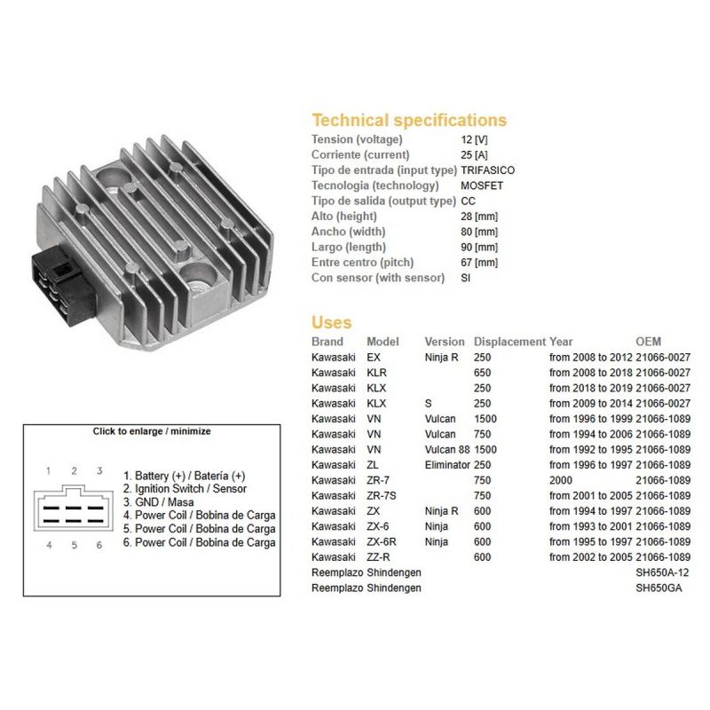 DZE REGULATOR NAPIĘCIA KAWASAKI VN 750 '94-'06 VN 1500 '96-'99 ZX 6 '93-'01 ZX-6R '95-'97 ZR-7 RGU-404,ESR260 21066-1089, 21066-