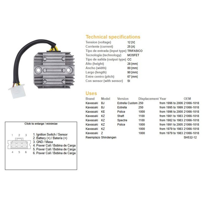 DZE REGULATOR NAPIĘCIA KAWASAKI Z 1000 '79-'83 KZ 1000 '79-'83 KZ 1100 '82-'83 SH532-12ESR140