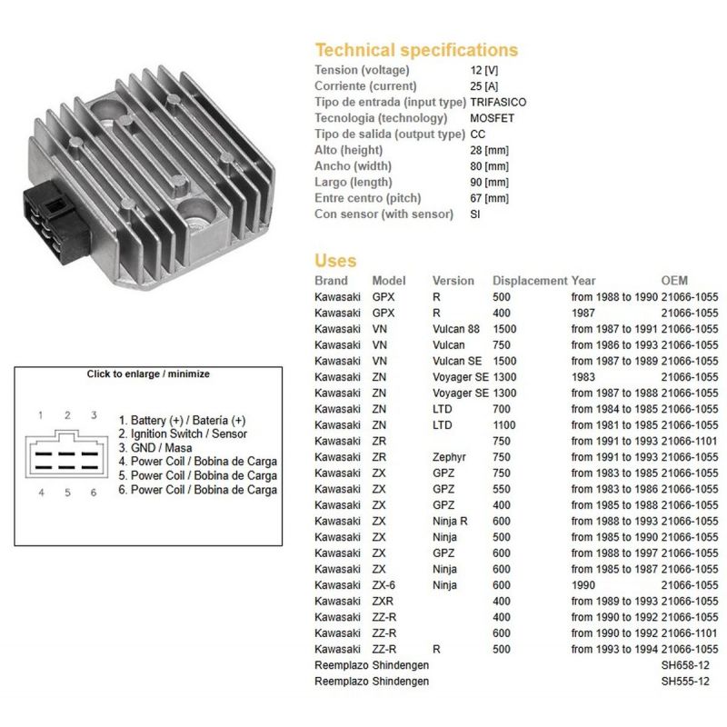 DZE REGULATOR NAPIĘCIA KAWASAKI VN 750/1500 ZN 700/1100 ZR 750 '91-'93 ZX 400/550/600 ZZ-R 400/500/600 RGU-403, ESR260 21066-110