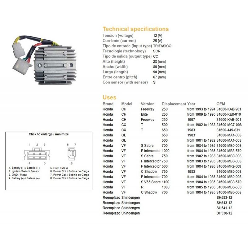 DZE REGULATOR NAPIĘCIA HONDA CH 250 '89-'97 CX 500/650 '82-'83 GL 500/650 VF 700/750/1000/1100 SH541-12 ESR650,ESR749,RGU-103