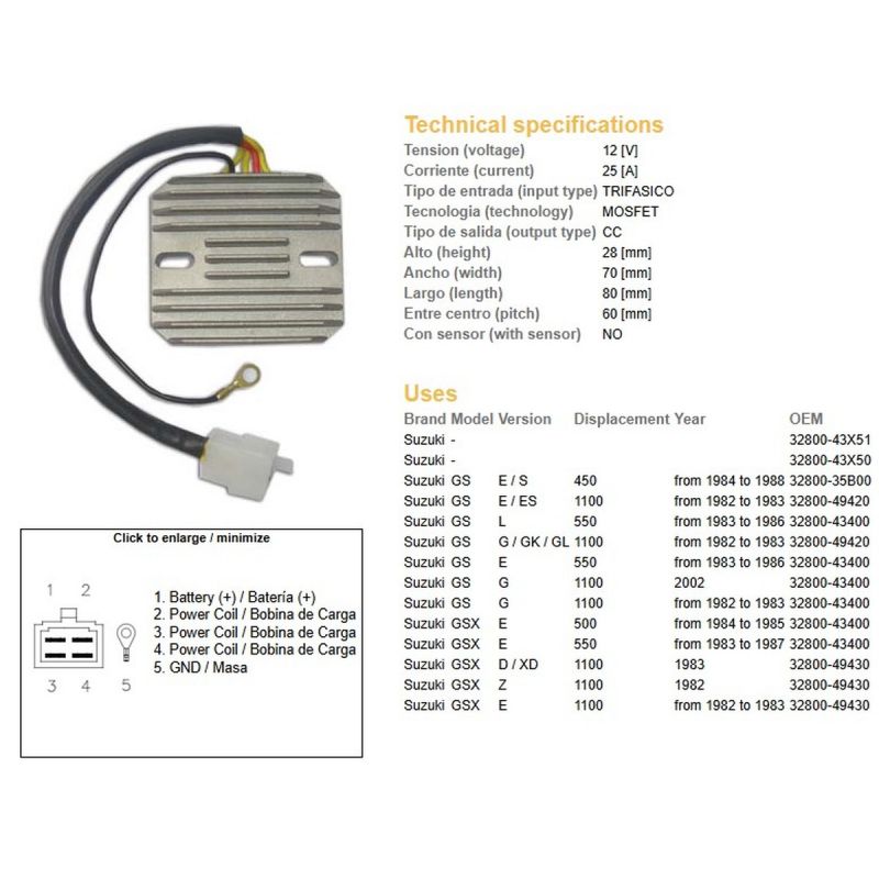 DZE REGULATOR NAPIĘCIA SUZUKI GS 450E/S '84-'88 GS 500 '84-'85 GS 550 '83-'87 GS 1100E/ES/G '82-'87 GSX 1100E/Z/D '82- ESR090,ES