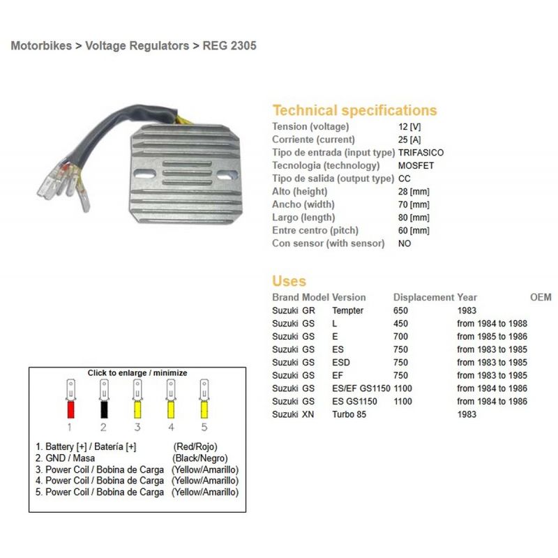 DZE REGULATOR NAPIĘCIA SUZUKI GS 450L '84-'88 GS 700E '85-'86 GS 750ES/EF/ESD '83-'85 GS 1100ES/EF '84-'86 GR 650 TEMPTER '83 ES
