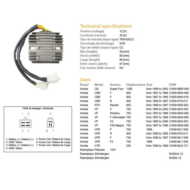 DZE REGULATOR NAPIĘCIA HONDA CBR 600F '87-'90 CB 1300 '98-'02 NTV 650 REVERE '88-'97 VF 700/750 '07-'03 VFR 400/750 '86-'88 ESR5