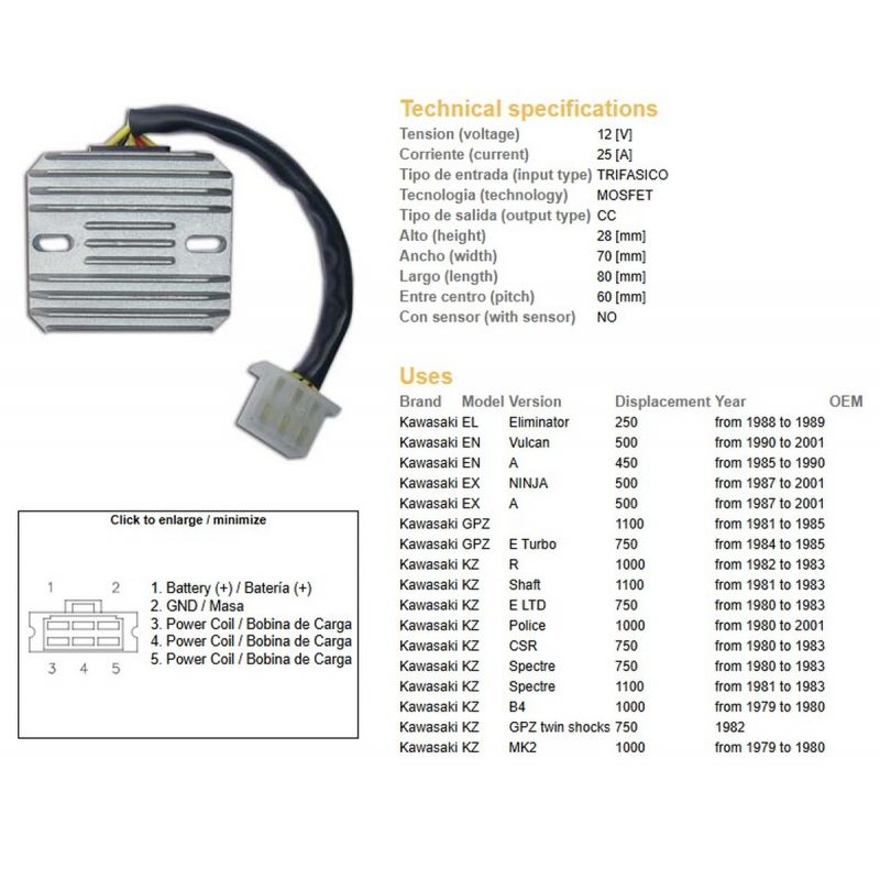 DZE REGULATOR NAPIĘCIA KAWASAKI EL 250 '88-'89 EN 450A '85-'90 EX 500A '87-'01 GPZ 750E '84-'85 GPZ 1100 '81-'85 KZ 750LTD '80--