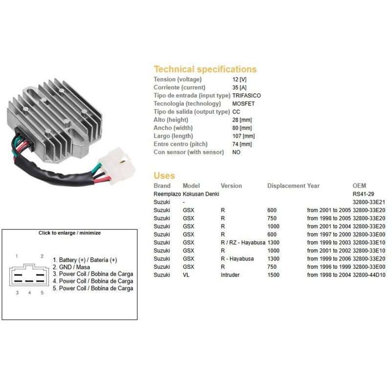 DZE REGULATOR NAPIĘCIA SUZUKI GSX 600R '01-'05 GSX 750R '96-'05 GSX 1000R '01-'04 GSX 1300R HAYABUSA '97-'03 VL 1500 INTRUDER '9
