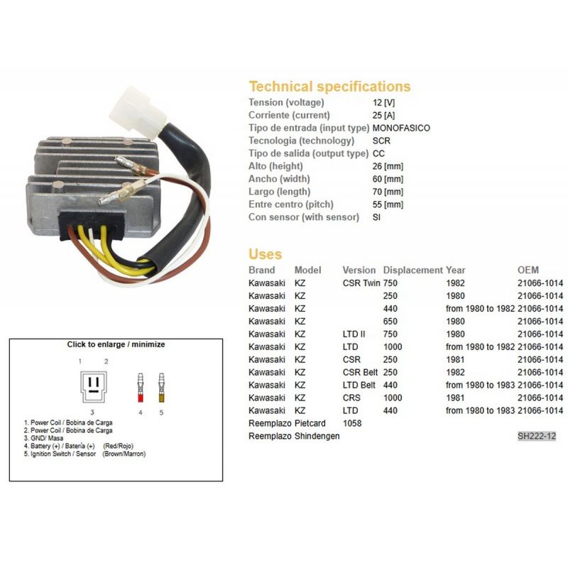 DZE REGULATOR NAPIĘCIA KAWASAKI KZ 250 '80 KZ 440LTD '80-'83 KZ 650/750 '80 KZ 1000LTD '80-'83 SH222-12