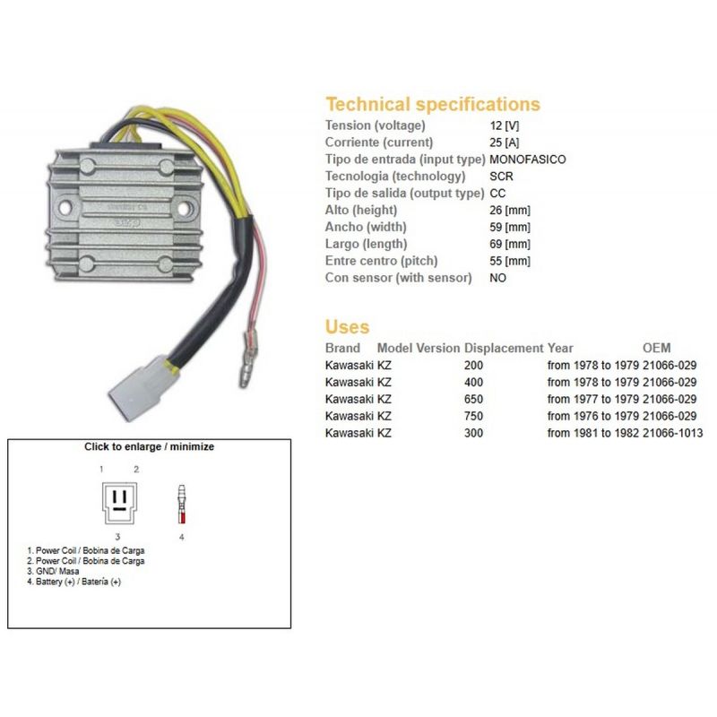 DZE REGULATOR NAPIĘCIA KAWASAKI KZ 200 '78-'79 KZ 300 '81-'82 KZ 400 '78-'79 KZ 650 '77-'79 KZ 750 '76-'79 21066-1013/029 ESR600