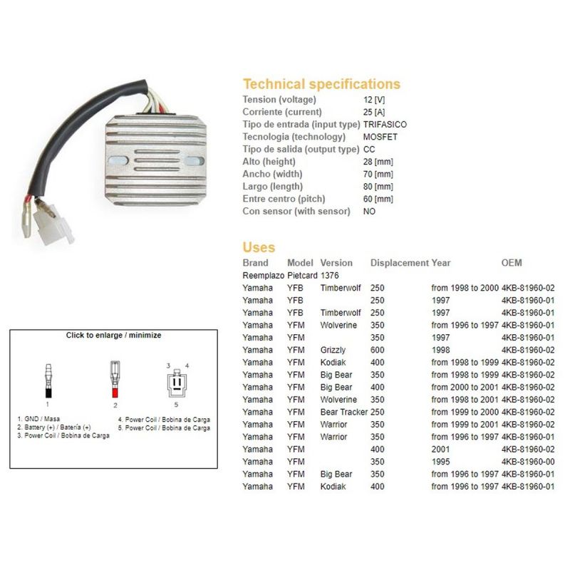 DZE REGULATOR NAPIĘCIA YAMAHA YFM 350 BIG BEAR '96-'99, WARRIOR 350 '96-'01, WOLVERINE 350 '95-'01, YFM 400 KODIAK '98-'99 YFM 6