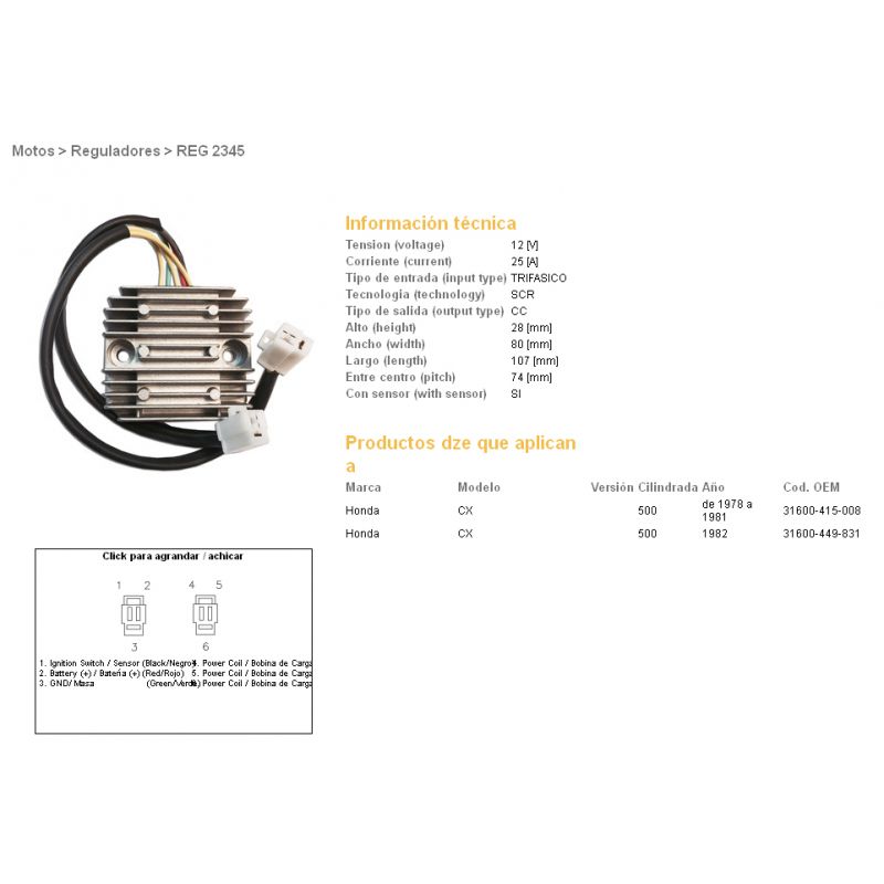 DZE REGULATOR NAPIĘCIA HONDA CX 500 '78-'82 CX 500 TURBO 31600-415-008, 31600-449-831 ESR160