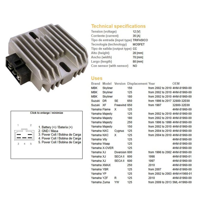 DZE REGULATOR NAPIĘCIA SUZUKI DR 650SE '96-'17 XF 650 FREEWIND '97 YAMAHA 125/150/180/250 MAJESTY '96-'10 XJ 600 DIVERSION '96-'