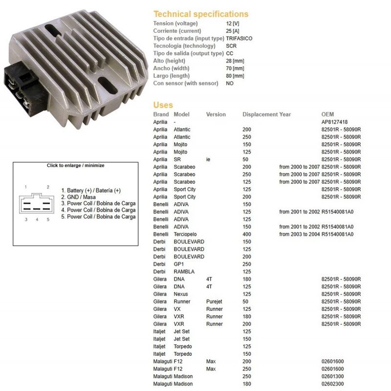 DZE REGULATOR NAPIĘCIA APRILIA SR 50 BENELLI DERBI GILERAITALJET PIAGGIO X9 125/180/200/250 12V/25A ESR259