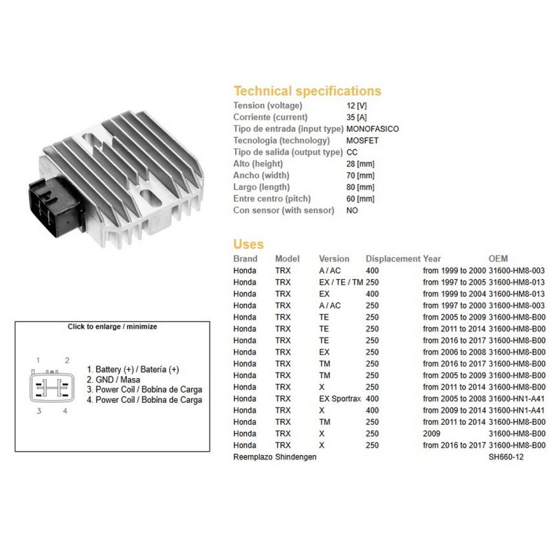 DZE REGULATOR NAPIĘCIA HONDA TRX 400EX SPORTRAX '99-'04 TRX 250 RECON '97-'11 ESR585