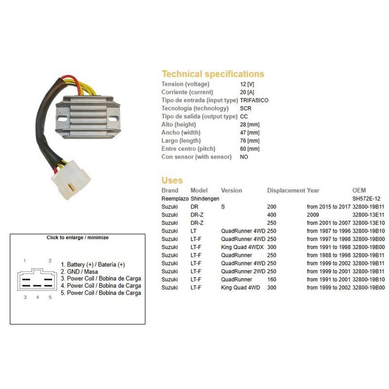 DZE REGULATOR NAPIĘCIA SUZUKI LT-F 160 '91-'01 LT-F 250 QUADRUNNER '87-'98 LT-F 300 'KING QUAD '91-'98 DR-Z 250 '01-'07 DR-Z 400