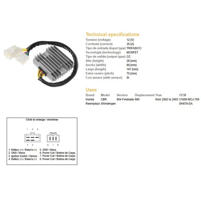 DZE REGULATOR NAPIĘCIA HONDA CBR 900RR '02-'03 CBR954 ESR690 31600-MCJ-750 SH678DA 35A