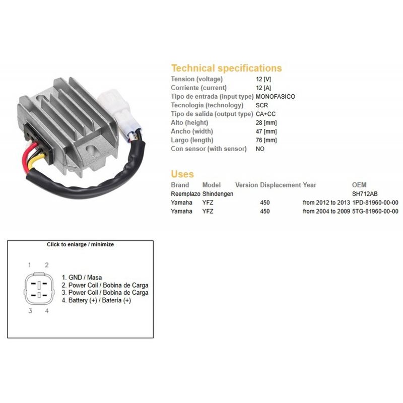 DZE REGULATOR NAPIĘCIA YAMAHA YFZ 450 '04-'09 YFZ 450 '12-'13 SH712AB 5TG-81960-00-00 1PD-81960-00-00 12A